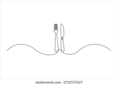 Minimalist continuous line drawing of a parallel knife and fork. Perfect for restaurant branding, cafes, menus, and culinary service design.