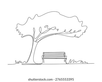 A minimalist continuous line drawing of a park bench beneath a large tree in full leaf