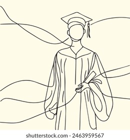 A minimalist, continuous line drawing of a person in a graduation gown and cap.