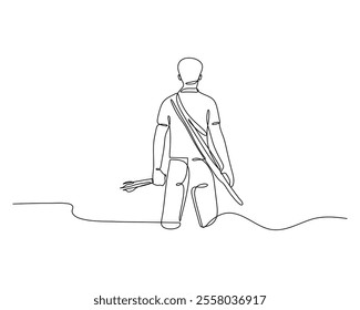 Minimalist continuous line drawing of a person walking with a spear, symbolizing adventure and exploration. Ideal for themes of journey, determination, and simplicity.