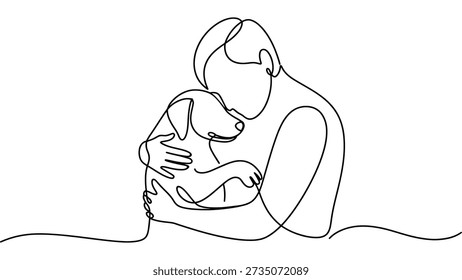 Minimalist continuous line drawing of person embracing dog with heads touching symbolizing love, companionship, affection, trust, and human–animal bond