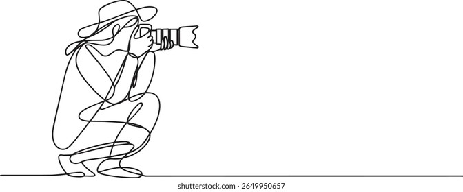 Minimalist continuous line drawing of a photographer in crouching pose holding DSLR camera with telephoto lens in black and white style

