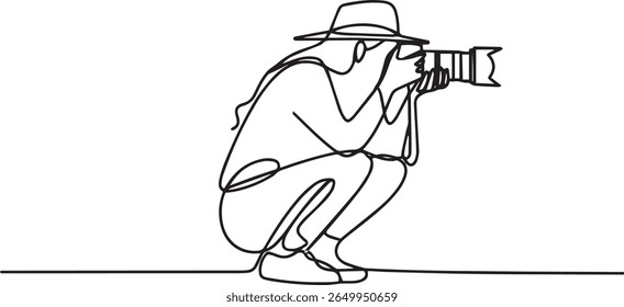 Minimalist continuous line drawing of a photographer in crouching pose holding DSLR camera with telephoto lens in black and white style

