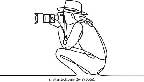 Minimalist continuous line drawing of a photographer in crouching pose holding DSLR camera with telephoto lens in black and white style

