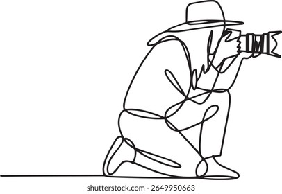 Minimalist continuous line drawing of a photographer in crouching pose holding DSLR camera with telephoto lens in black and white style

