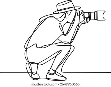Minimalist continuous line drawing of a photographer in crouching pose holding DSLR camera with telephoto lens in black and white style

