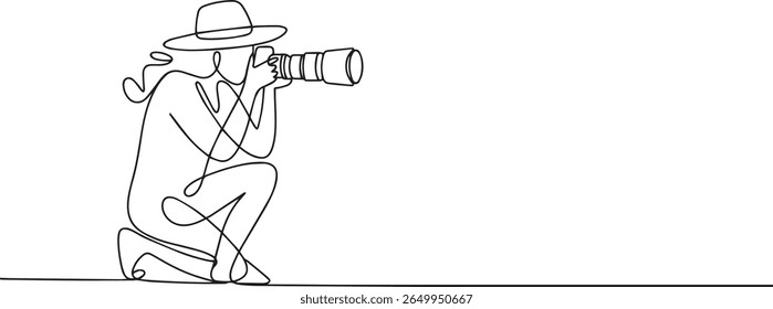 Minimalist continuous line drawing of a photographer in crouching pose holding DSLR camera with telephoto lens in black and white style

