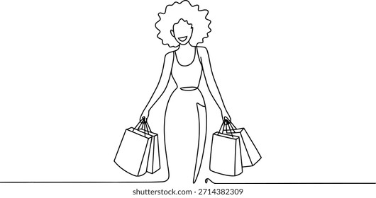 Un dibujo minimalista de línea continua retrata a una mujer alegre con el cabello rizado, sosteniendo múltiples bolsas de compras con una expresión feliz.