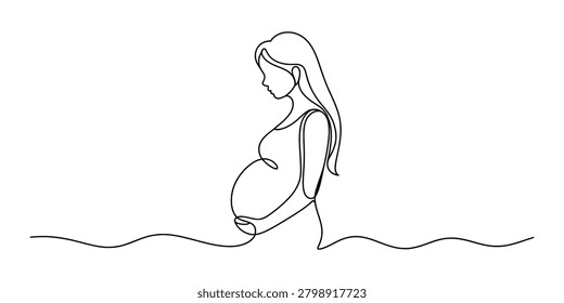 Minimalist continuous line drawing of a pregnant woman holding her baby bump representing motherhood and maternity in a simple black and white vector art style Vector, illustration