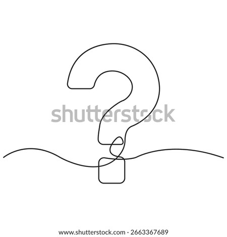 Minimalist continuous line drawing of question mark, abstract curiosity concept, inquiry, doubt, problem solving, FAQ, search, mystery, uncertainty, and creative design.