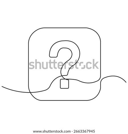Minimalist continuous line drawing of question mark inside square, abstract inquiry concept, curiosity, doubt, FAQ, search, problem solving, mystery, and creative design.