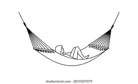 Minimalist continuous line drawing of a relaxed person lying in a hammock suspended by ropes, simple black and white leisure illustration symbolizing rest, comfort, and relaxation
