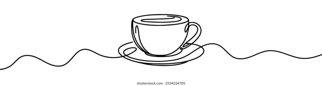 Minimalist continuous line drawing representing a cup of coffee on a saucer