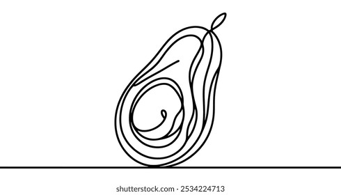 Minimalist continuous line drawing representing an avocado on a white background