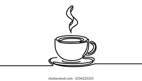 Minimalist continuous line drawing representing a cup of coffee on a saucer. Vector illustration.