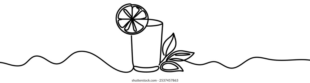 Minimalist continuous line drawing representing a refreshing drink with a citrus slice and leaves