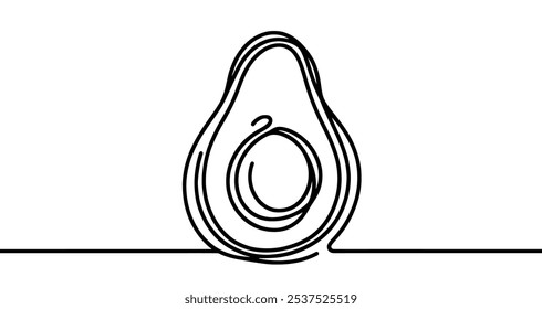 Desenho de linha contínua minimalista representando um abacate sobre um fundo branco. Ilustração vetorial.