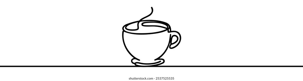 Desenho de linha contínua minimalista representando uma xícara de café em um pires. Ilustração vetorial.