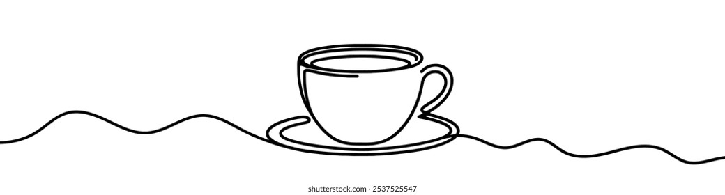 Desenho de linha contínua minimalista representando uma xícara de café em um pires. Ilustração vetorial.