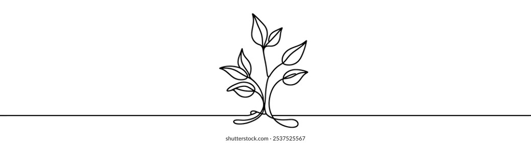 Minimalist continuous line drawing representing a growing plant with leaves. Vector illustration.