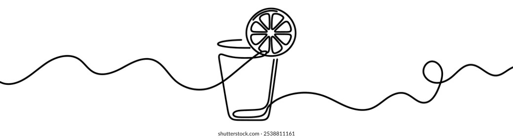 Minimalist continuous line drawing representing a refreshing drink with a citrus slice and leaves