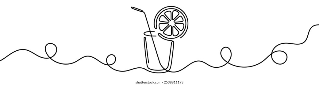 Minimalist continuous line drawing representing a refreshing drink with a citrus slice and leaves