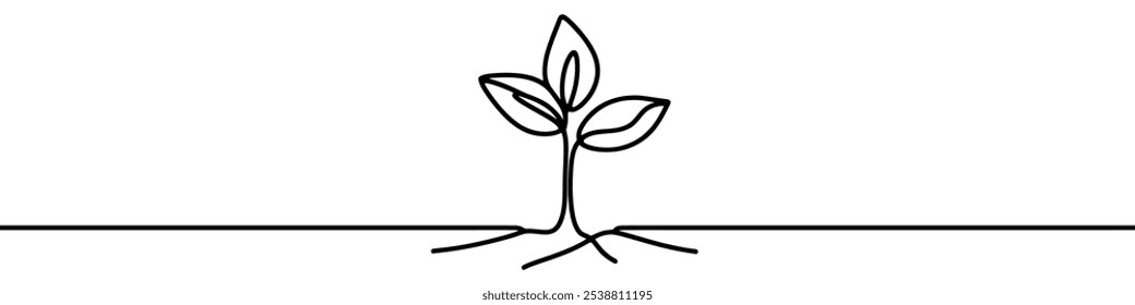 Dibujo lineal continuo minimalista que representa una planta en crecimiento con hojas. Ilustración vectorial.