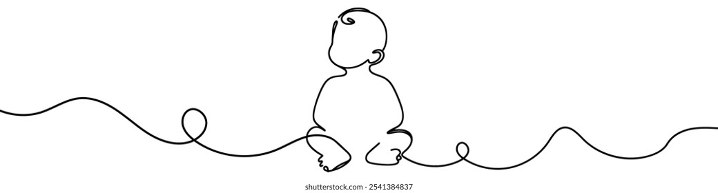 Minimalist continuous line drawing representing a baby sitting and playing. Ideal for childcare, parenting, and early childhood development themes