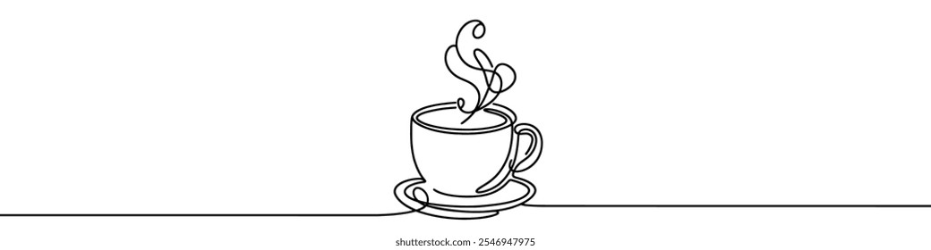 Desenho de linha contínua minimalista representando uma xícara de café em um pires. Ilustração vetorial.