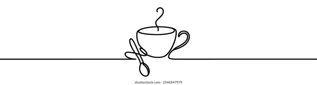 Minimalist continuous line drawing representing a cup of coffee with spoon. Vector illustration.