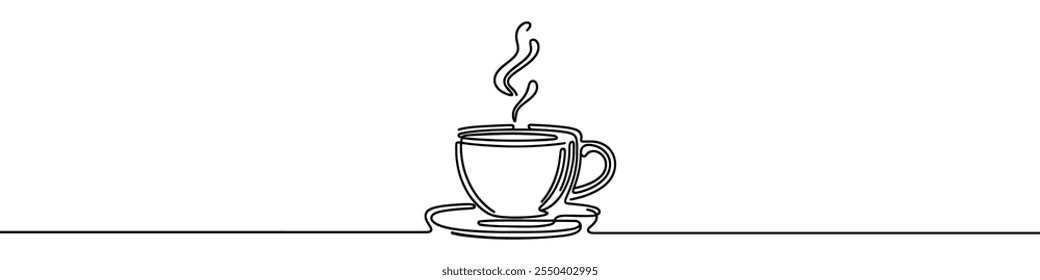 Desenho de linha contínua minimalista representando uma xícara de café em um pires. Ilustração vetorial.