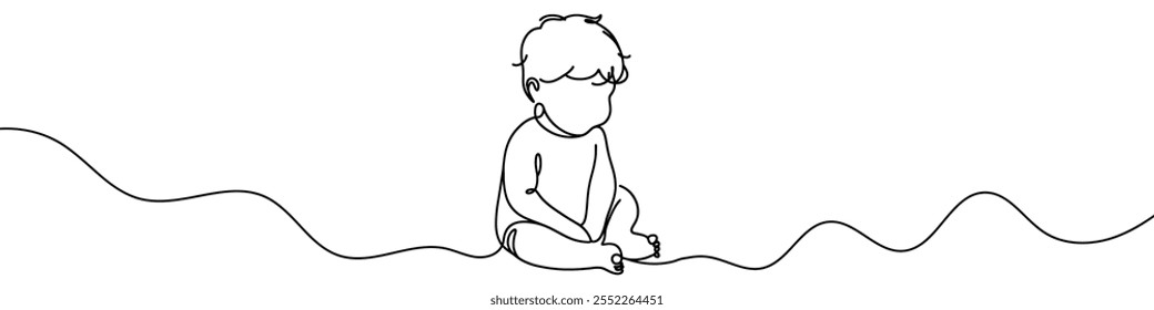 Minimalist continuous line drawing representing a baby sitting and playing. Ideal for childcare, parenting, and early childhood development themes