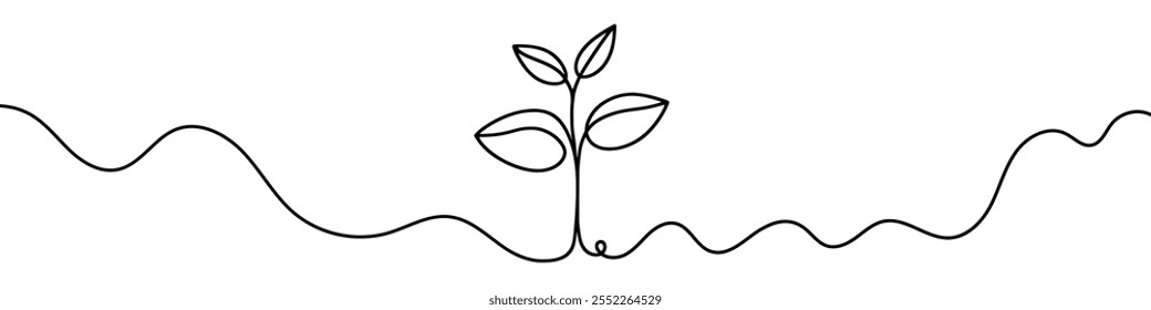 Minimalist continuous line drawing representing a growing plant with leaves. Vector illustration.