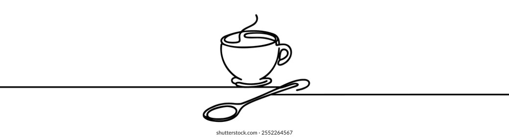 Desenho de linha contínua minimalista representando uma xícara de café em um pires. Ilustração vetorial.