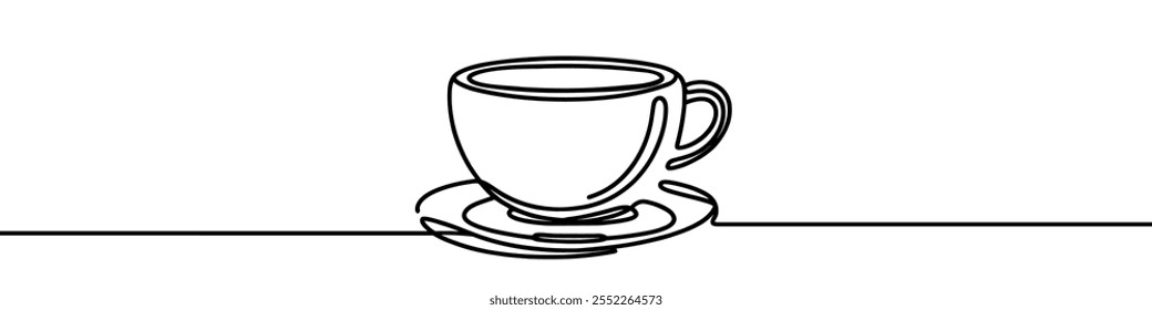 Desenho de linha contínua minimalista representando uma xícara de café em um pires. Ilustração vetorial.