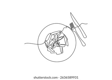 Minimalist continuous line drawing representing food on a plate with fork and knife, ideal for restaurant menus or food-related businesses