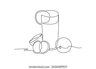 Minimalist continuous line drawing representing a glass of citrus juice with lemon and orange slices, ideal for menus, healthy eating promotions, and food-related designs