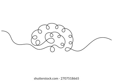 Dibujo lineal continuo minimalista que representa un concepto de cerebro humano y proceso de pensamiento.