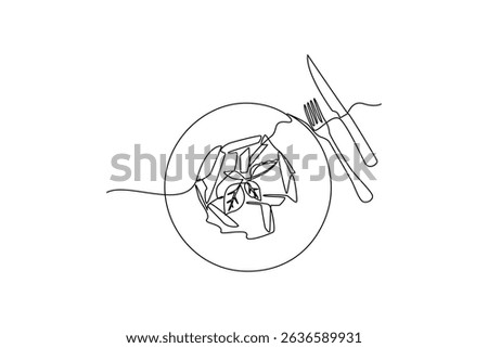 Minimalist continuous line drawing representing food on a plate with fork and knife, ideal for restaurant menus or food-related businesses