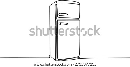 Minimalist continuous line drawing of retro refrigerator. Single line sketch of vintage kitchen appliance. Modern outline illustration of home fridge. Artistic vector art for interior design projects.