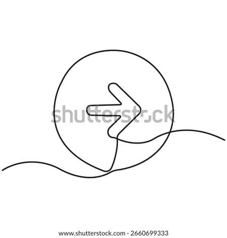 Minimalist continuous line drawing of right arrow inside circle, simple black and white vector illustration for navigation, direction, web icon, and guidance concepts