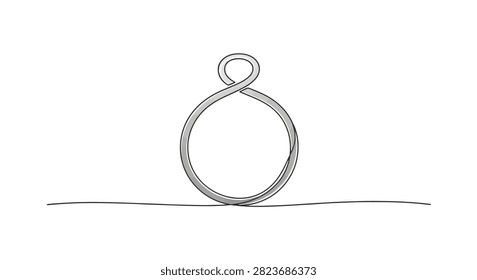 Minimalist continuous line drawing of a ring or pendant. Features a black ink stroke forming a circular base and top loop on a white background. Factual vector art for jewelry design.