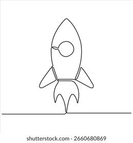 Desenho de linha contínua minimalista do lançamento de foguetes, simbolizando inovação, start-up, sucesso, crescimento empresarial, criatividade, exploração e tecnologia futura em fundo branco.