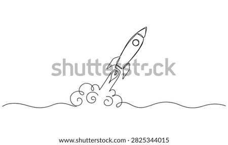 Minimalist continuous line drawing of rocket ship launching with spaceship, minimalist