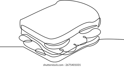 Un dibujo lineal continuo minimalista de un sándwich, con rebanadas de pan y varios rellenos, presentado sobre un fondo blanco limpio.