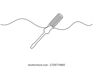 Desenho de linha contínua minimalista de uma chave de fenda isolada no branco.
