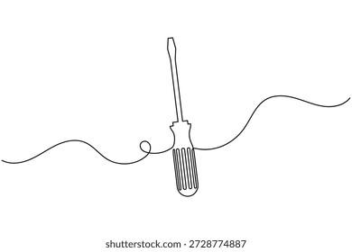 Dibujo lineal continuo minimalista de un destornillador con líneas onduladas abstractas.