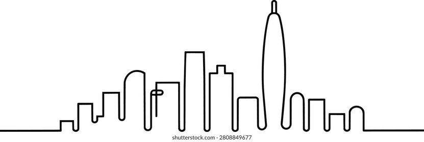A minimalist continuous line drawing of the Shenzhen skyline featuring iconic urban buildings. The black outline sits above the handwritten city name in a bold brush stroke font.