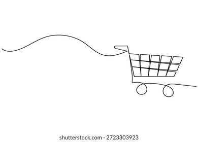 Dibujo lineal continuo minimalista de un Carrito de compras para comercio electrónico minorista