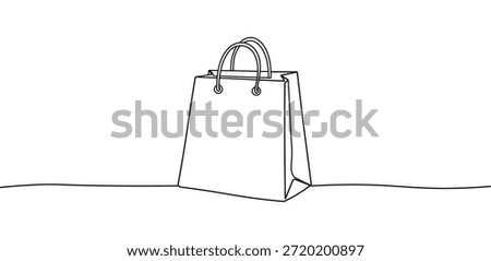 Minimalist continuous line drawing of a shopping bag with handles standing a line art
